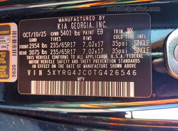 5XYRG4JC0TG426546 2026 KIA SORENTO Black Вид наклейки з VIN-кодом