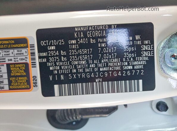 5XYRG4JC9TG426772 2026 KIA SORENTO White VIN კოდის სტიკერის ხედი