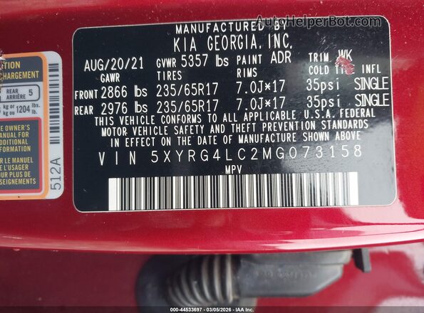 5XYRG4LC2MG073158 2021 KIA SORENTO Red Вид підкапотного простору