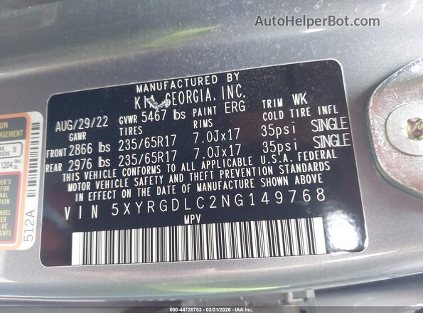 5XYRGDLC2NG149768 2022 KIA SORENTO Gray Engine compartment view