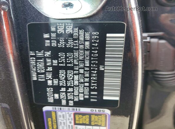 5XYRH4JF3TG414298 2026 KIA SORENTO Угольный Вид наклейки с VIN-кодом