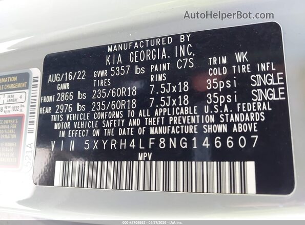 5XYRH4LF8NG146607 2022 KIA SORENTO Серый Вид подкапотного пространства