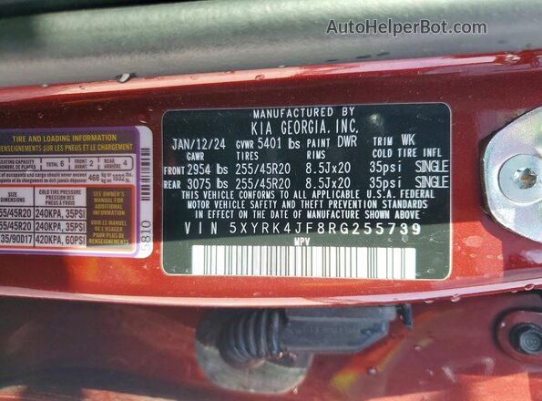 5XYRK4JF8RG255739 2024 KIA SORENTO Maroon Widok naklejki z numerem VIN