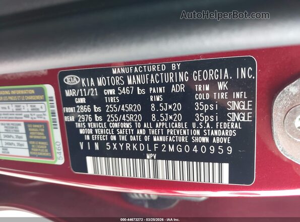 5XYRKDLF2MG040959 2021 KIA SORENTO Красный Вид подкапотного пространства