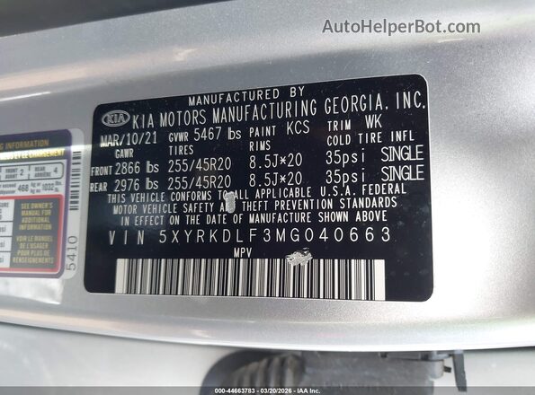 5XYRKDLF3MG040663 2021 KIA SORENTO Silver Widok komory silnika