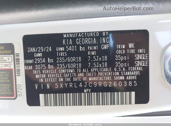 5XYRL4JC9RG260385 2024 KIA SORENTO White ძრავის განყოფილების ხედი