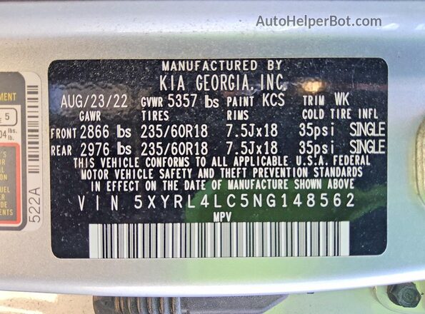 5XYRL4LC5NG148562 2022 KIA SORENTO Silver Вид наклейки з VIN-кодом