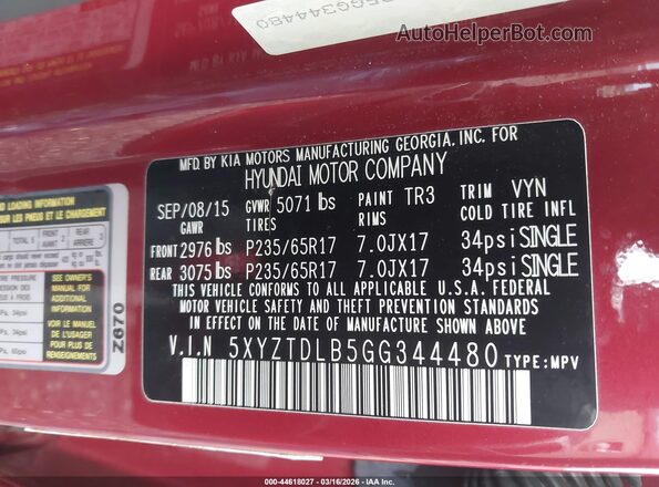 5XYZTDLB5GG344480 2016 HYUNDAI SANTA FE SPORT Красный Вид подкапотного пространства