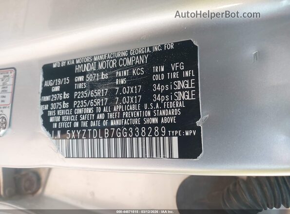 5XYZTDLB7GG338289 2016 HYUNDAI SANTA FE Серебряный Вид подкапотного пространства