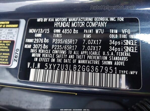 5XYZU3LB2GG367951 2016 HYUNDAI SANTA FE SPORT Light Blue Вид подкапотного пространства