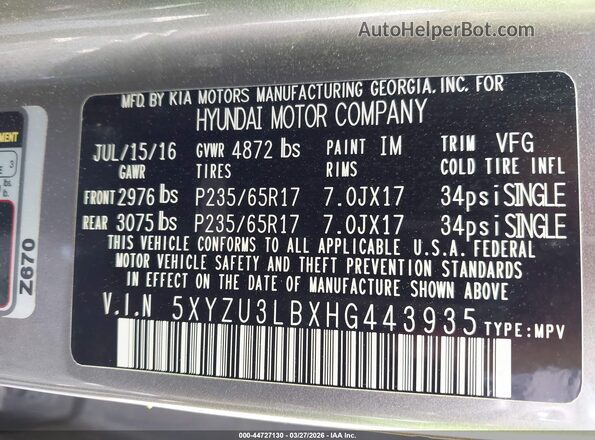 5XYZU3LBXHG443935 2017 HYUNDAI SANTA FE SPORT Серый Вид подкапотного пространства
