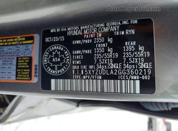 5XYZUDLA2GG360219 2016 HYUNDAI SANTA Серый Вид наклейки с VIN-кодом