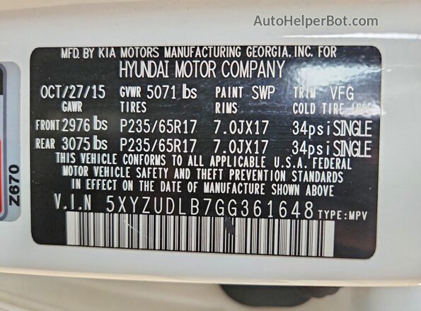 5XYZUDLB7GG361648 2016 HYUNDAI SANTA White Widok naklejki z numerem VIN