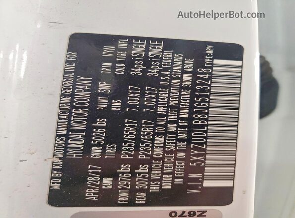 5XYZUDLB8JG513248 2018 HYUNDAI SANTA Белый Вид наклейки с VIN-кодом