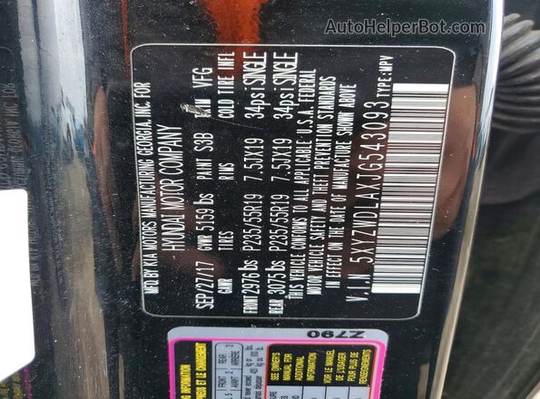 5XYZWDLAXJG543093 2018 HYUNDAI SANTA Black Widok naklejki z numerem VIN