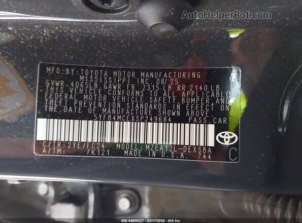 5YFB4MCEXSP249684 2025 TOYOTA LL Gray Vista del compartimento del motor