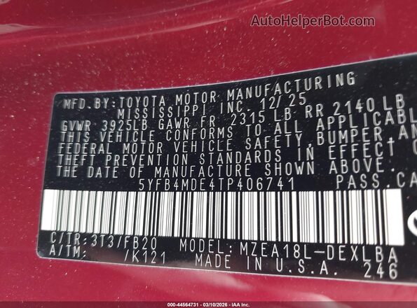 5YFB4MDE4TP406741 2026 TOYOTA LL Красный Вид подкапотного пространства
