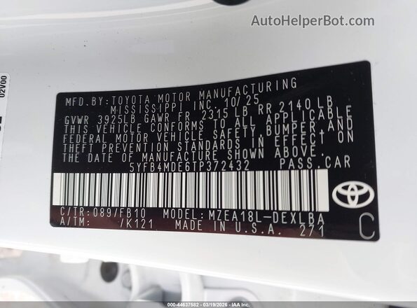 5YFB4MDE6TP372432 2026 TOYOTA LL Белый Вид подкапотного пространства