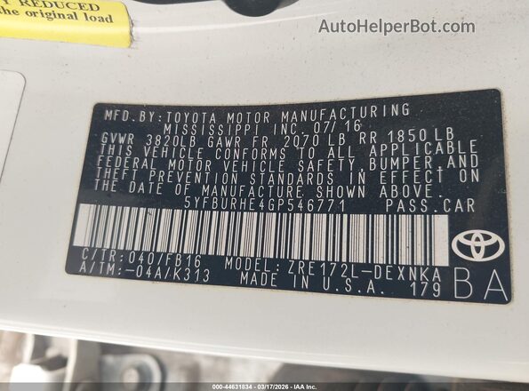 5YFBURHE4GP546771 2016 TOYOTA LL White Engine compartment view