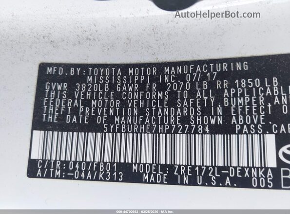 5YFBURHE7HP727784 2017 TOYOTA LL Белый Вид подкапотного пространства
