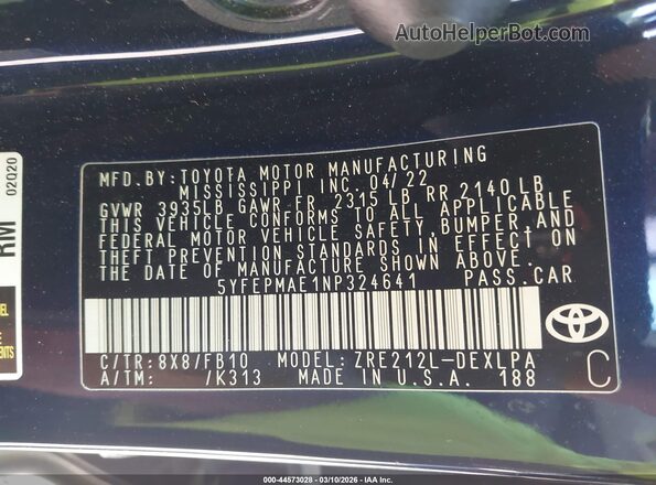 5YFEPMAE1NP324641 2022 TOYOTA LL Blue Widok komory silnika