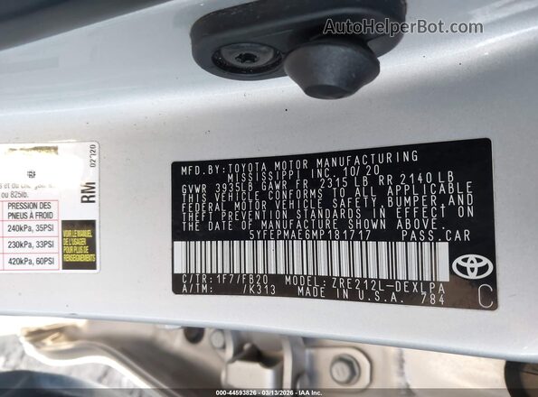 5YFEPMAE6MP181717 2021 TOYOTA LL Silver Vista del compartimento del motor
