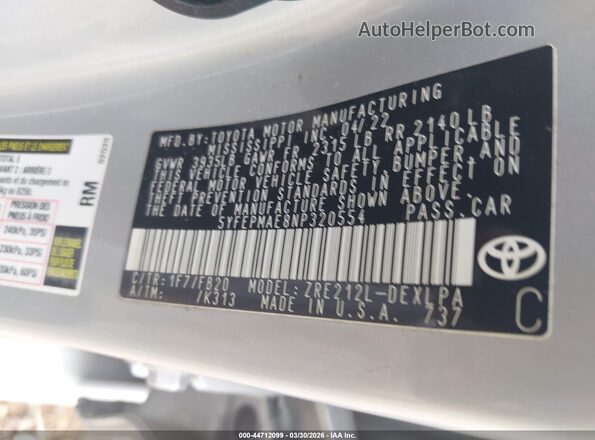 5YFEPMAE8NP320554 2022 TOYOTA LL Silver ძრავის განყოფილების ხედი
