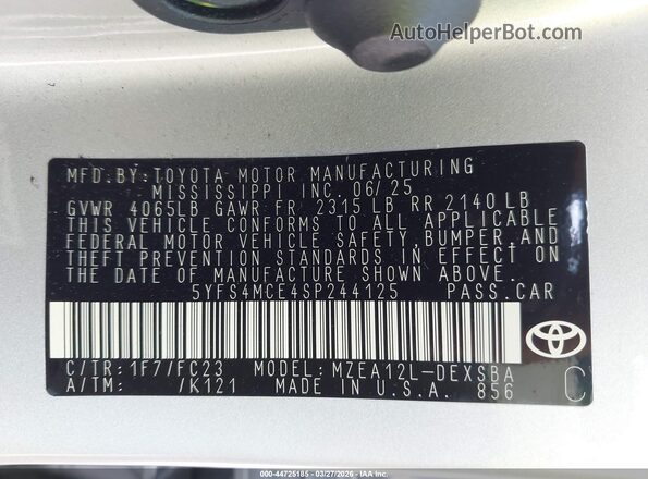 5YFS4MCE4SP244125 2025 TOYOTA LL Silver Вид підкапотного простору
