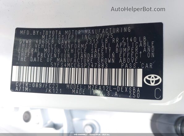 5YFS4MCE6SP247883 2025 TOYOTA LL White Вид підкапотного простору