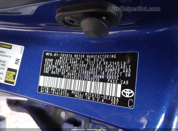 5YFS4RCE2LP049039 2020 TOYOTA LL Blue Vista del compartimento del motor