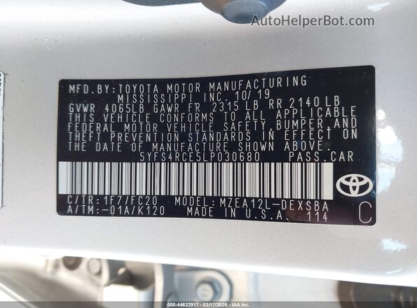 5YFS4RCE5LP030680 2020 TOYOTA LL Silver Vista del compartimento del motor