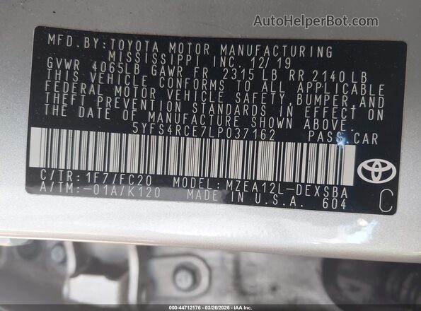 5YFS4RCE7LP037162 2020 TOYOTA LL Silver ძრავის განყოფილების ხედი