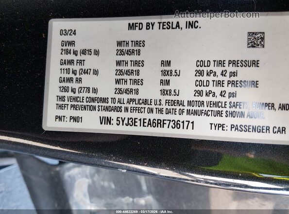 5YJ3E1EA6RF736171 2024 TESLA MODEL 3 Черный Вид подкапотного пространства