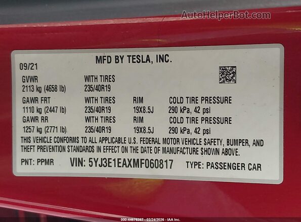 5YJ3E1EAXMF060817 2021 TESLA MODEL 3 Красный Вид подкапотного пространства