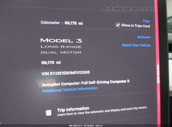 5YJ3E1EB0MF013305 2021 TESLA MODEL 3 Синий Вид задних сидений
