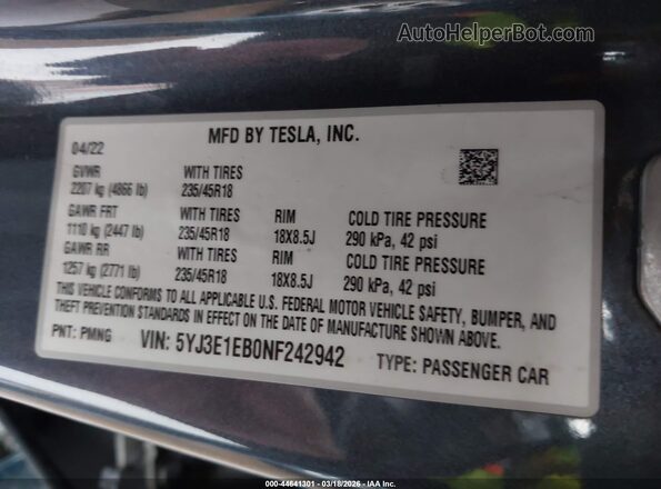 5YJ3E1EB0NF242942 2022 TESLA MODEL 3 Серый Вид подкапотного пространства
