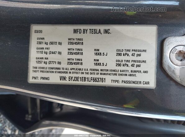 5YJ3E1EB1LF663761 2020 TESLA MODEL 3 Серый Вид подкапотного пространства