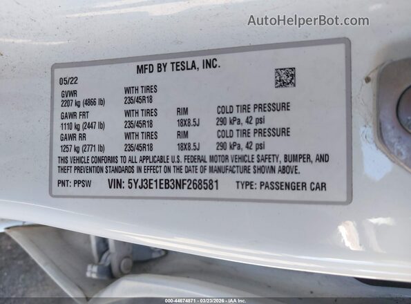 5YJ3E1EB3NF268581 2022 TESLA MODEL 3 White Շարժիչի բաժամունքի տեսք