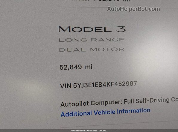 5YJ3E1EB4KF452987 2019 TESLA MODEL 3 Белый 
