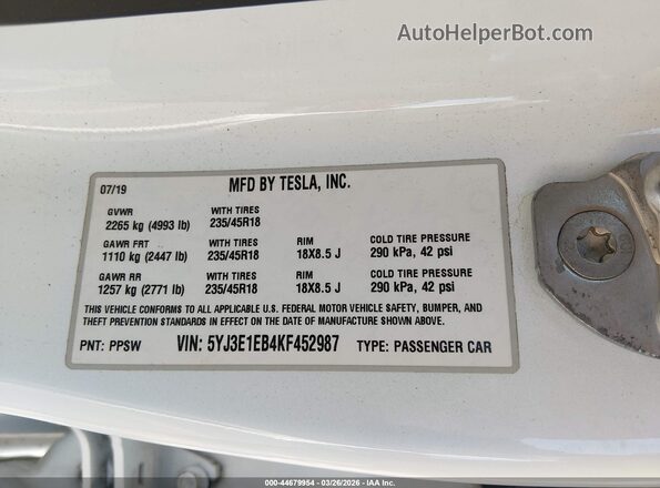 5YJ3E1EB4KF452987 2019 TESLA MODEL 3 Белый Вид подкапотного пространства