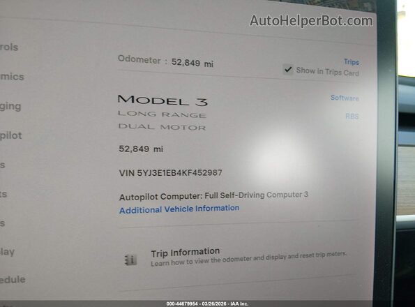 5YJ3E1EB4KF452987 2019 TESLA MODEL 3 Белый Вид задних сидений