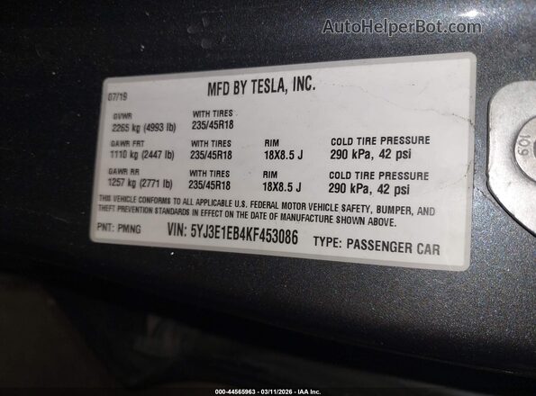 5YJ3E1EB4KF453086 2019 TESLA MODEL 3 Silver Շարժիչի բաժամունքի տեսք