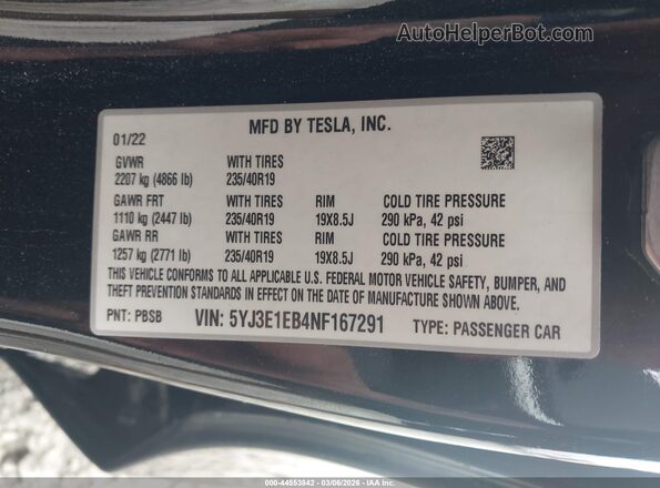5YJ3E1EB4NF167291 2022 TESLA MODEL 3 Черный Вид наклейки с VIN-кодом
