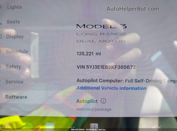 5YJ3E1EB5KF385672 2019 TESLA MODEL 3 Black Widok wnętrza 360 stopni