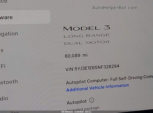 5YJ3E1EB5NF328294 2022 TESLA MODEL 3 White 