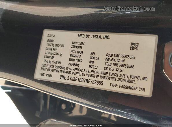 5YJ3E1EB7RF732655 2024 TESLA MODEL 3 Pewter Вид подкапотного пространства