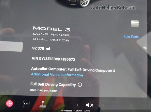 5YJ3E1EB8KF195672 2019 TESLA MODEL 3 Черный Вид задних сидений