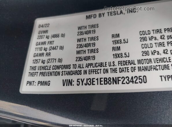 5YJ3E1EB8NF234250 2022 TESLA MODEL 3 Серебряный Вид подкапотного пространства
