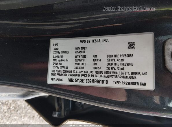 5YJ3E1EB9MF961010 2021 TESLA MODEL 3 Серый Вид подкапотного пространства