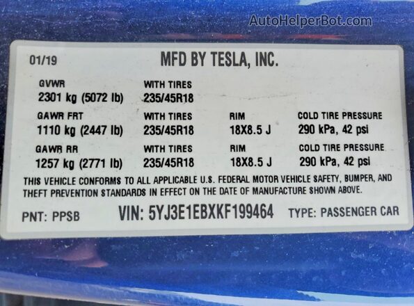 5YJ3E1EBXKF199464 2019 TESLA MODEL Blue Widok komory silnika